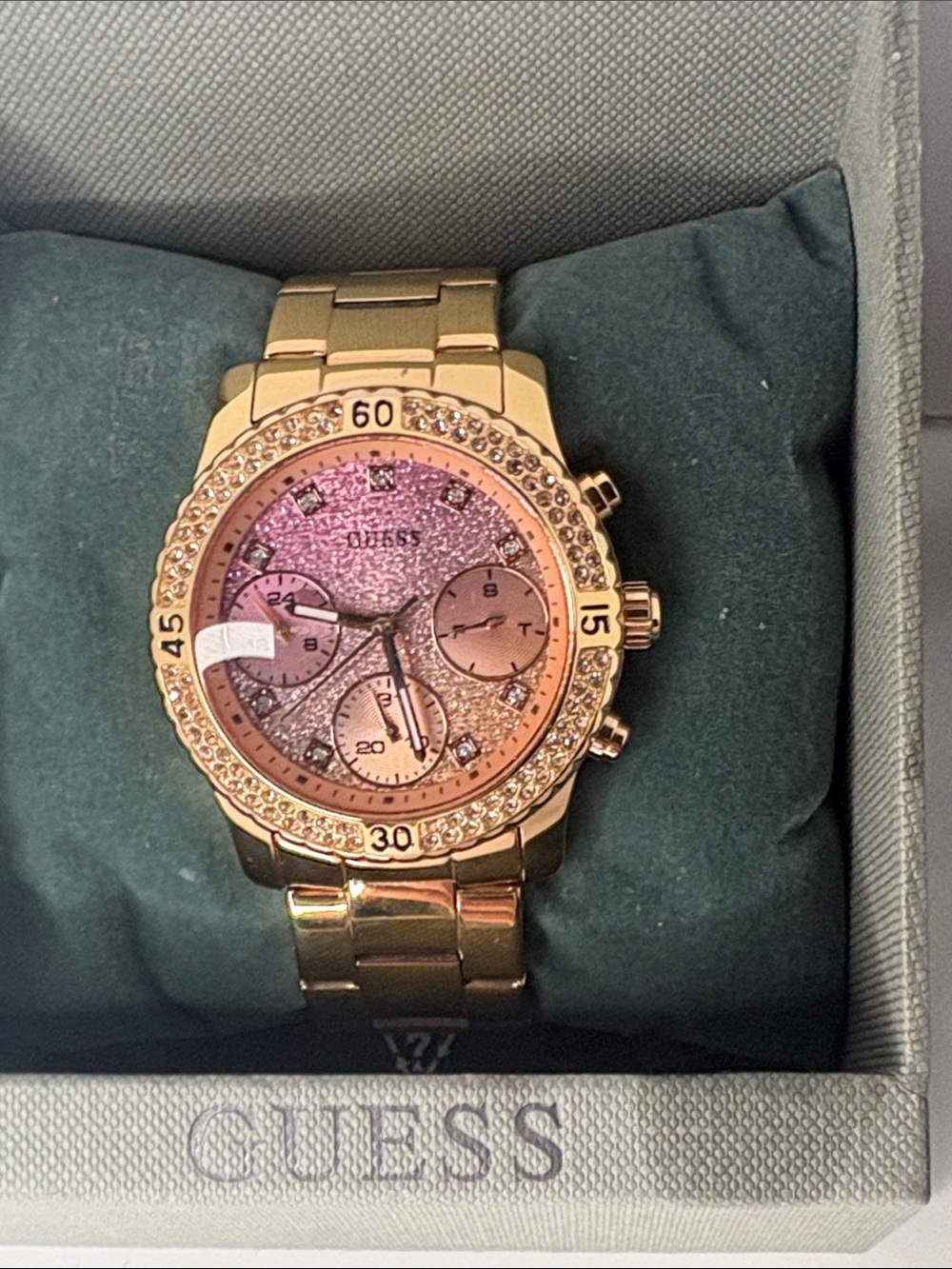 GUESS Rose Gold Watch with Pink Glitter Dial and Crystal Bezel